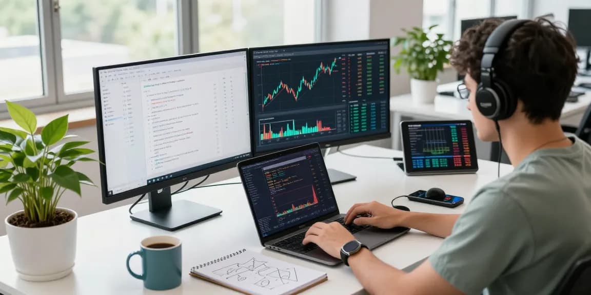 Developers utilizing a free market data API in a tech workspace with real-time financial analytics.