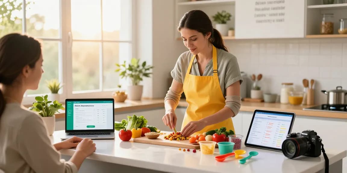 Nutritionist demonstrating meal prep using the best AI macro tracker app in a vibrant kitchen.