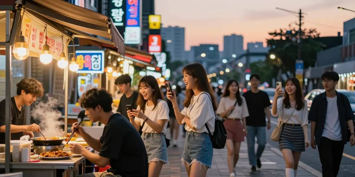 강남 달토의 활기찬 거리 풍경에서 친구들이 즐겁게 시간을 보내는 모습