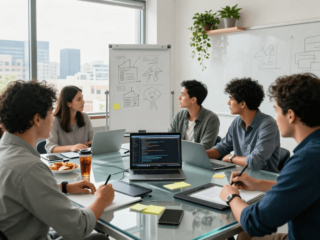 Developers collaborate on a crushon project in a vibrant tech workspace with laptops and sketches.