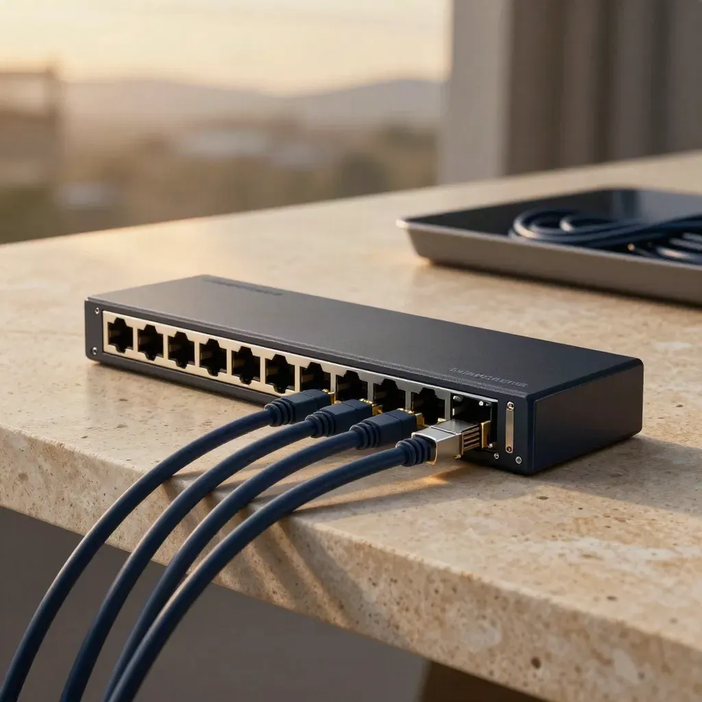 Network switch, Cat6 leads, and keystone jacks on warm stone in soft studio light.