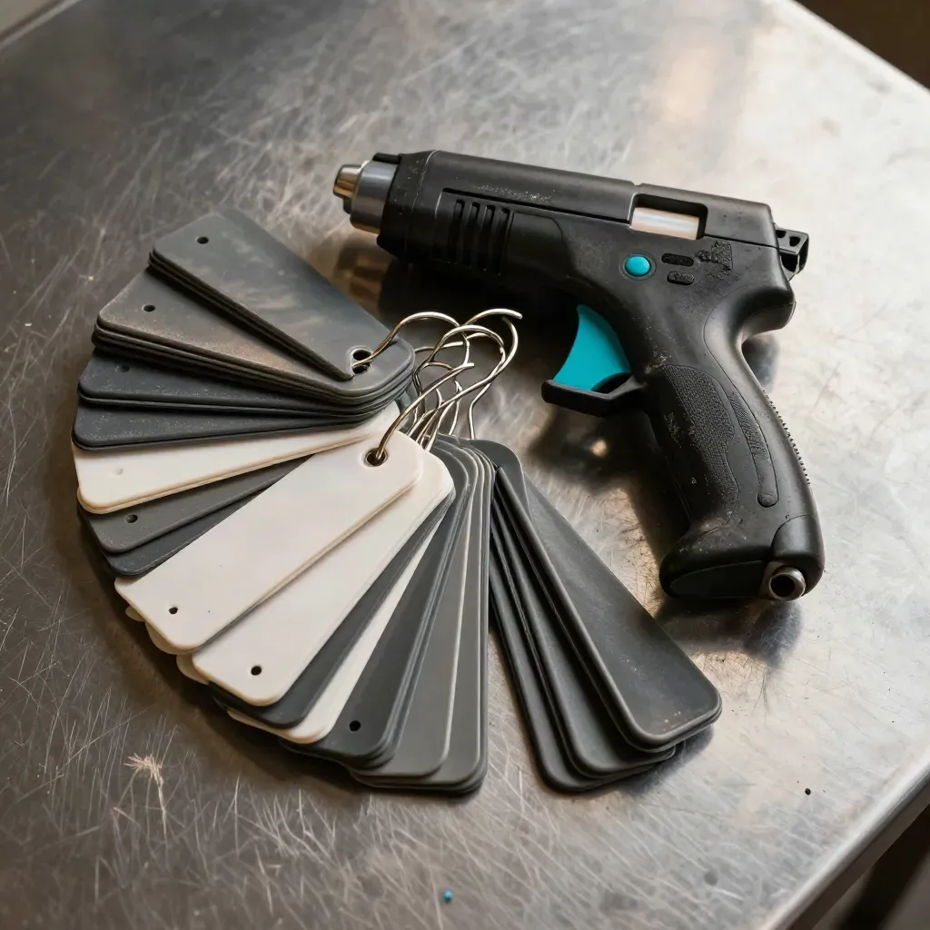Top-down retail tag gun, hard tags, and hangers on brushed metal with cyan accent