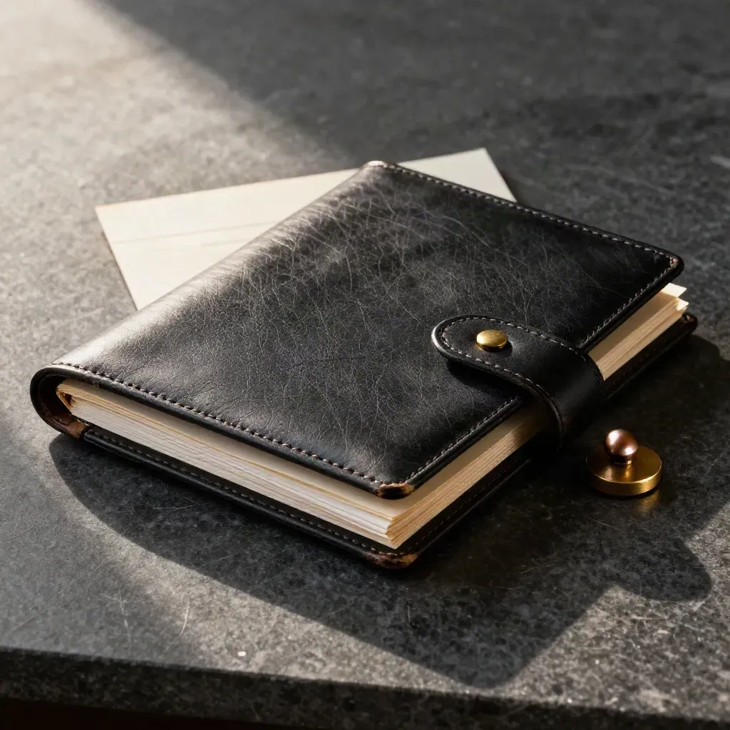 Black leather folio, brass clip and bronze seal on dark stone, closing mid-action.