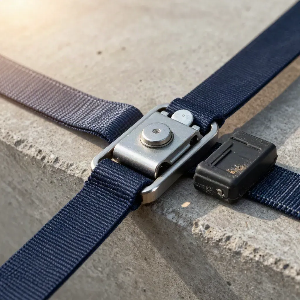 Ratchet strap, cargo seal, and corner protectors cinching a load on rough concrete.