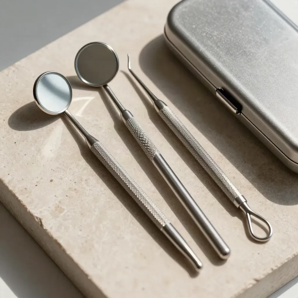 Dental tools on pale stone, arranged as a premium clinical still life.