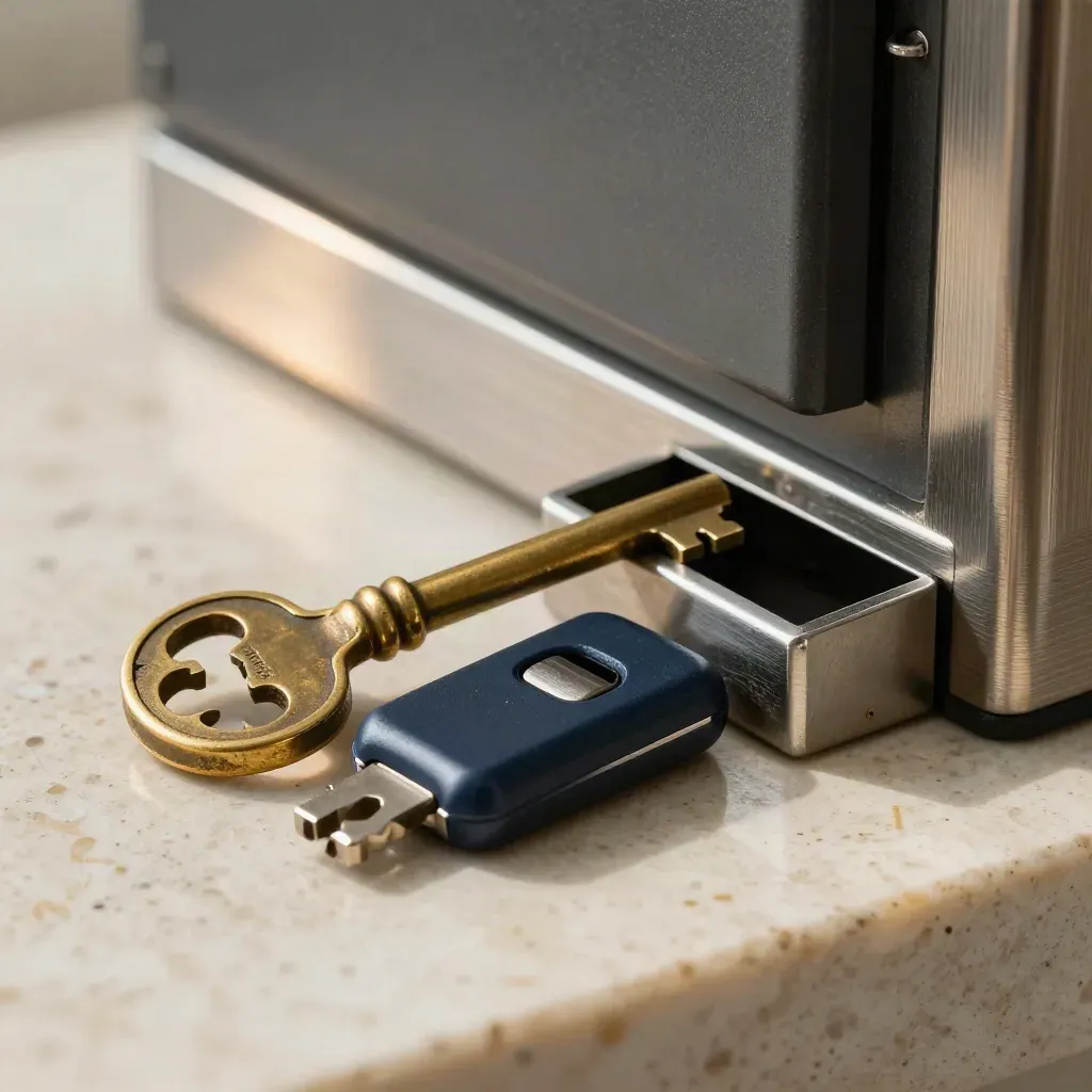 Vault key, security token and cash-tray divider on stone in a finance office still life.