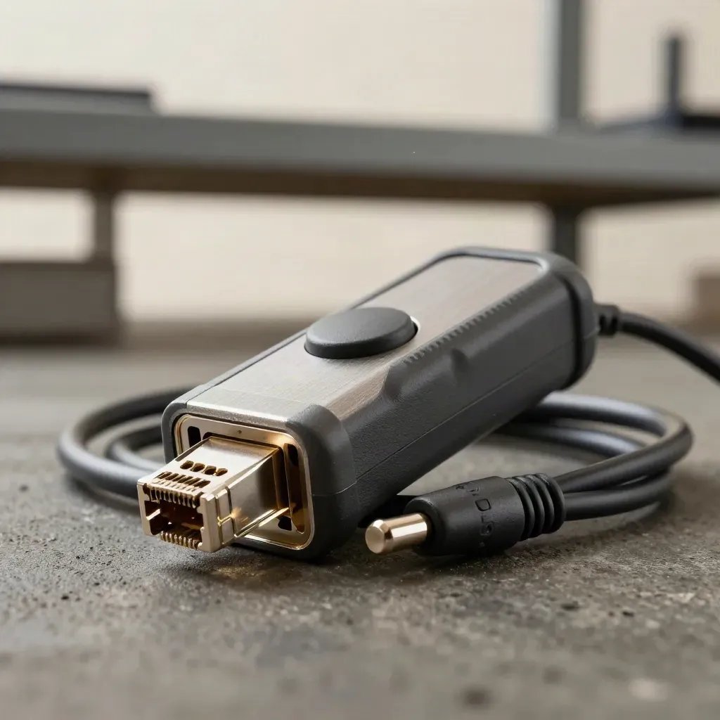 Top-down macro of a cable tester with patch leads and a coiled network cable on graphite.