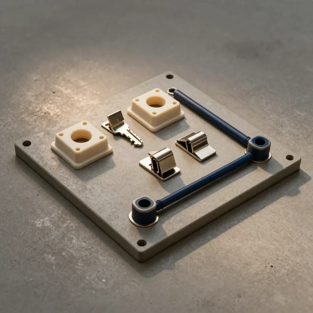 Keystone patch plate, wall jack inserts, and cable clips on concrete under dramatic studio light.
