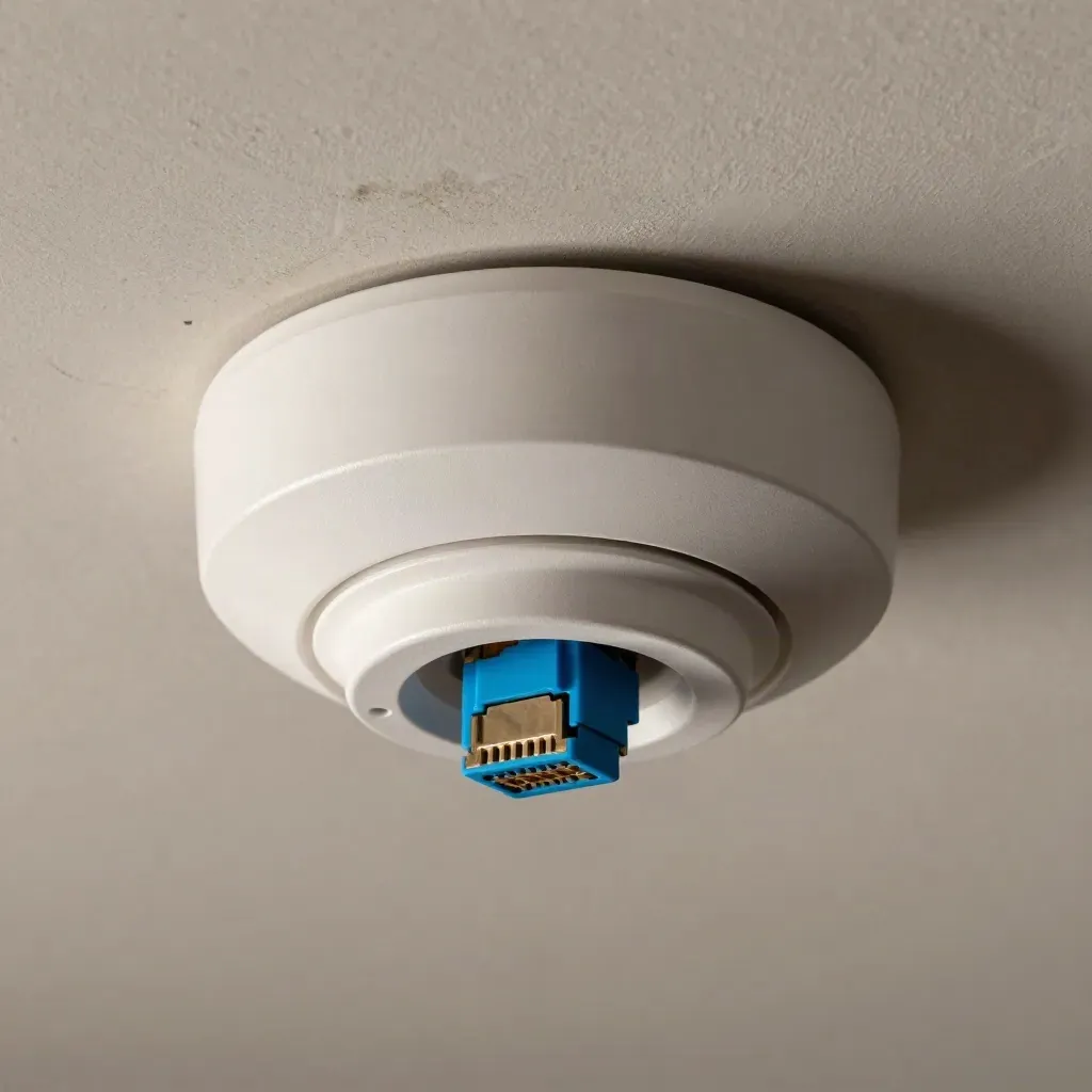 Wi-Fi access point puck snapping into its ceiling bracket with a short ethernet lead.