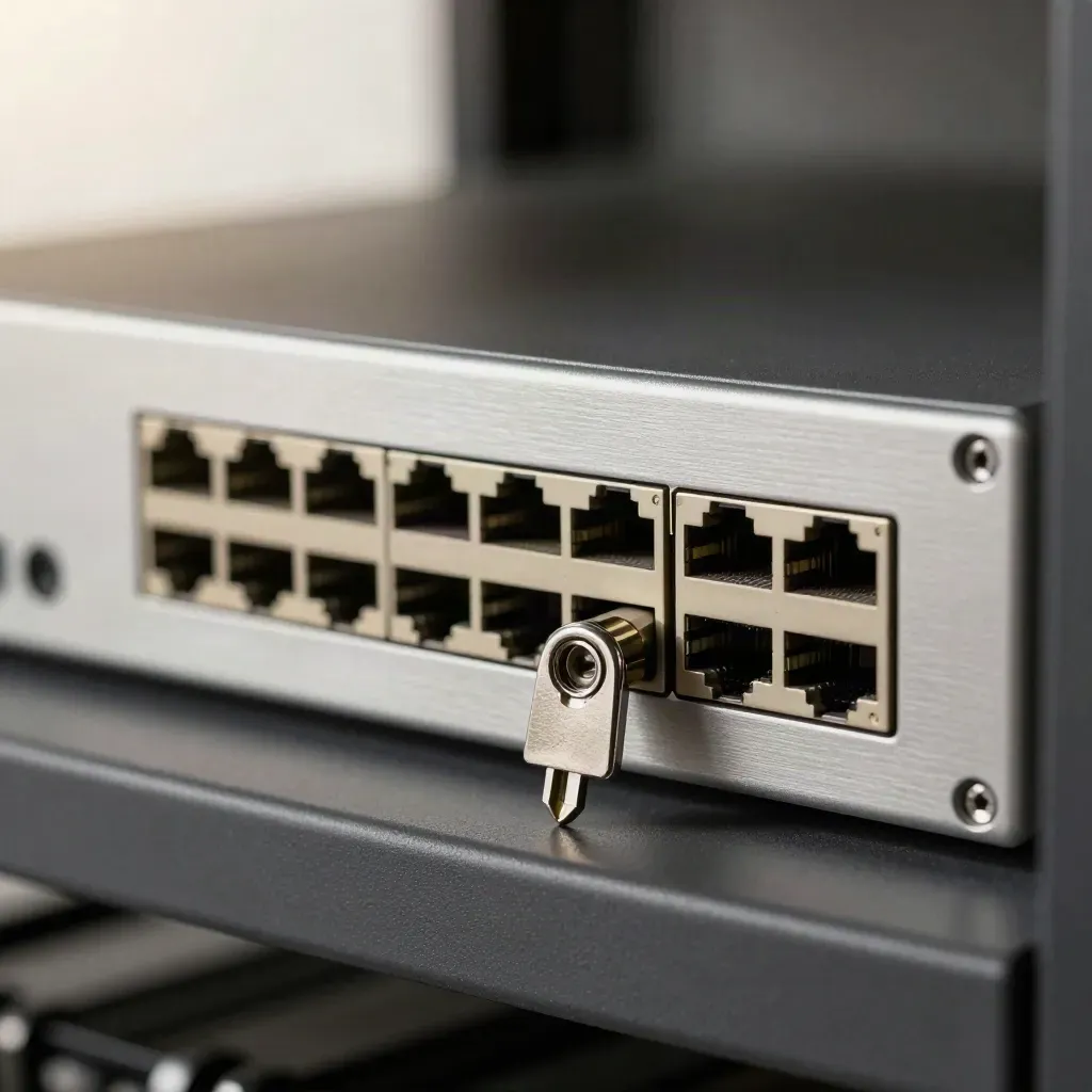 Firewall appliance, key, and port blocks in a tight macro still life