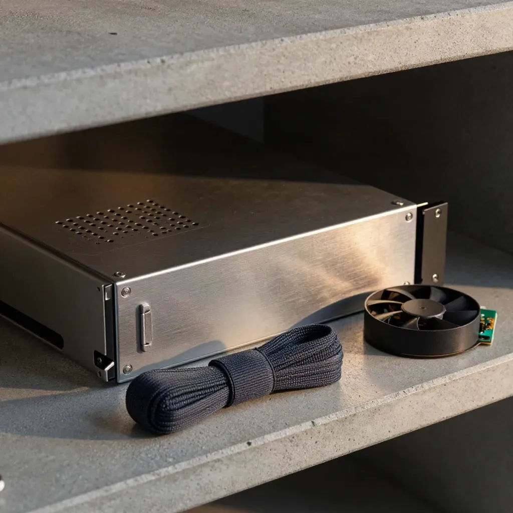 Server drive carrier sliding into a bay beside an anti-static strap and spare fan module