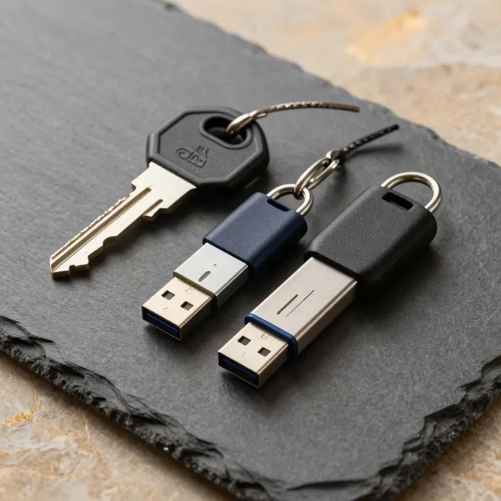 Two hardware security keys and a slim USB dongle on slate, lit dramatically from above.