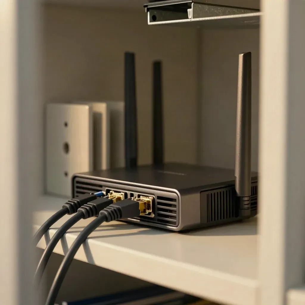 Modem-router kit with patch cords and metal bracket on an office shelf, seen through a doorway