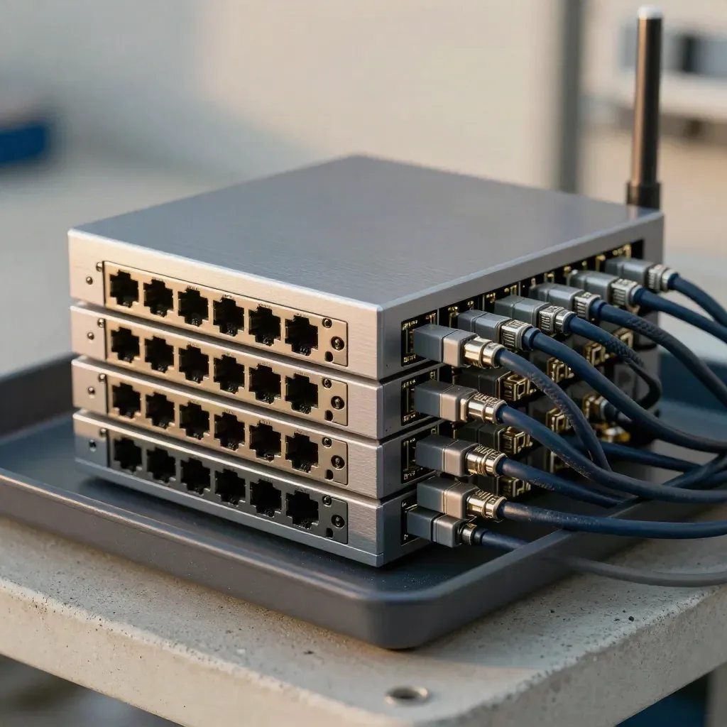 Macro tray of network switches, SFP modules, and cable clips on a concrete bench.
