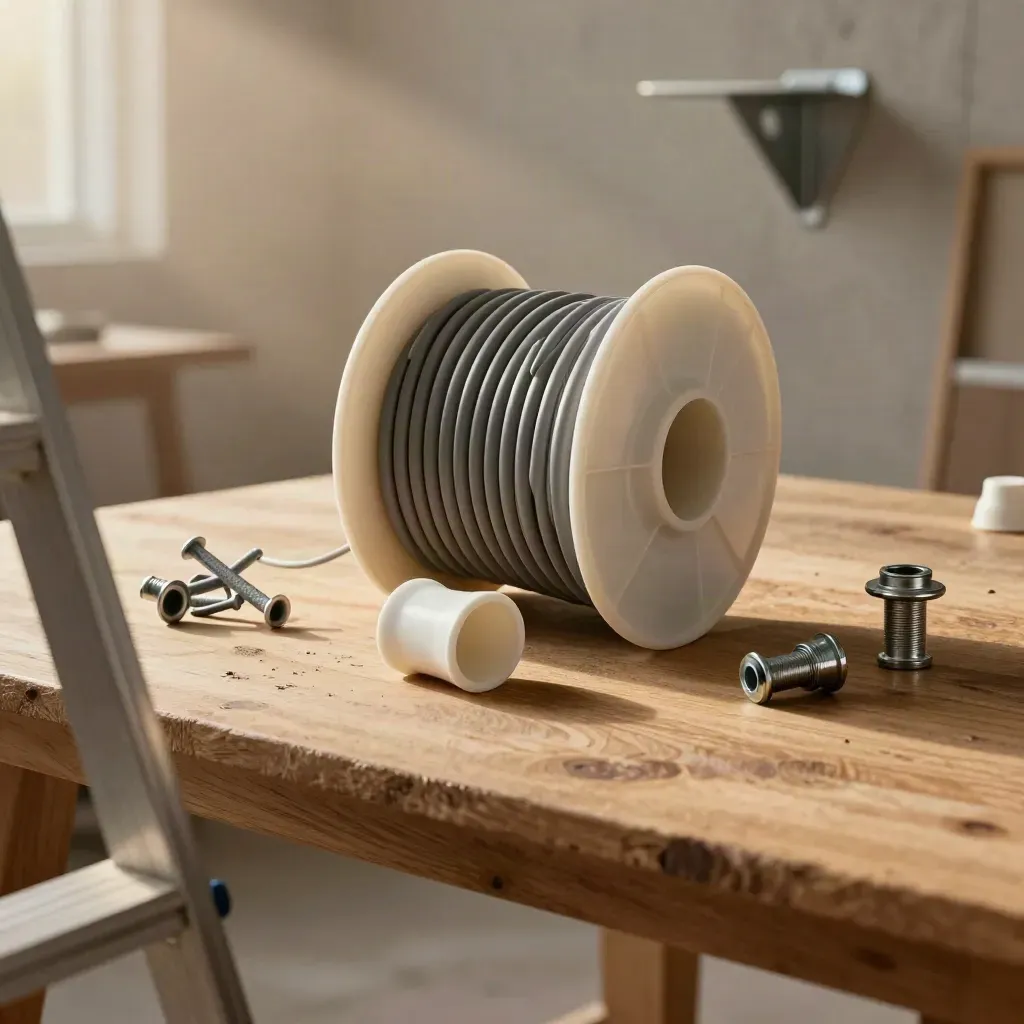 Cable spool, conduit elbows, anchors, and bracket on a workbench seen past a blurred ladder rung.