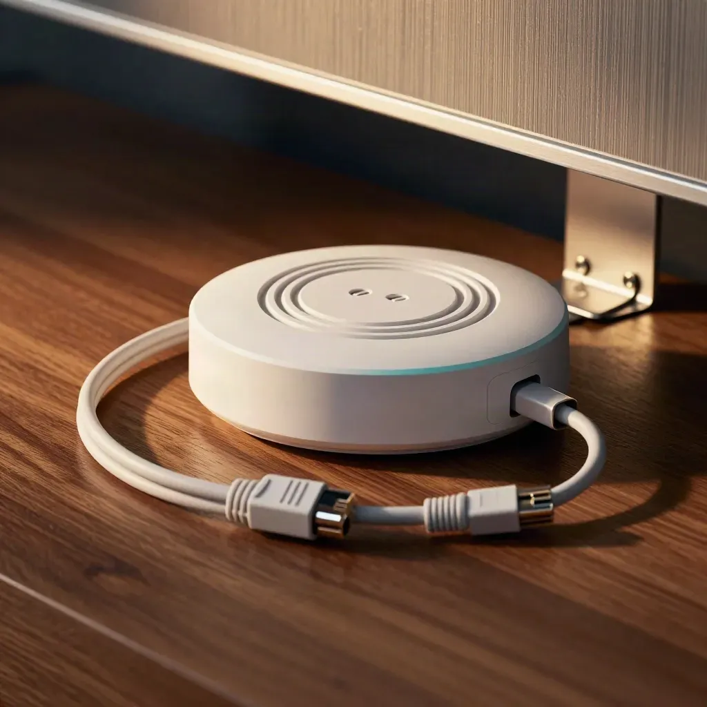 Ceiling access point, clips, and ethernet cable on a walnut workbench under dramatic light.