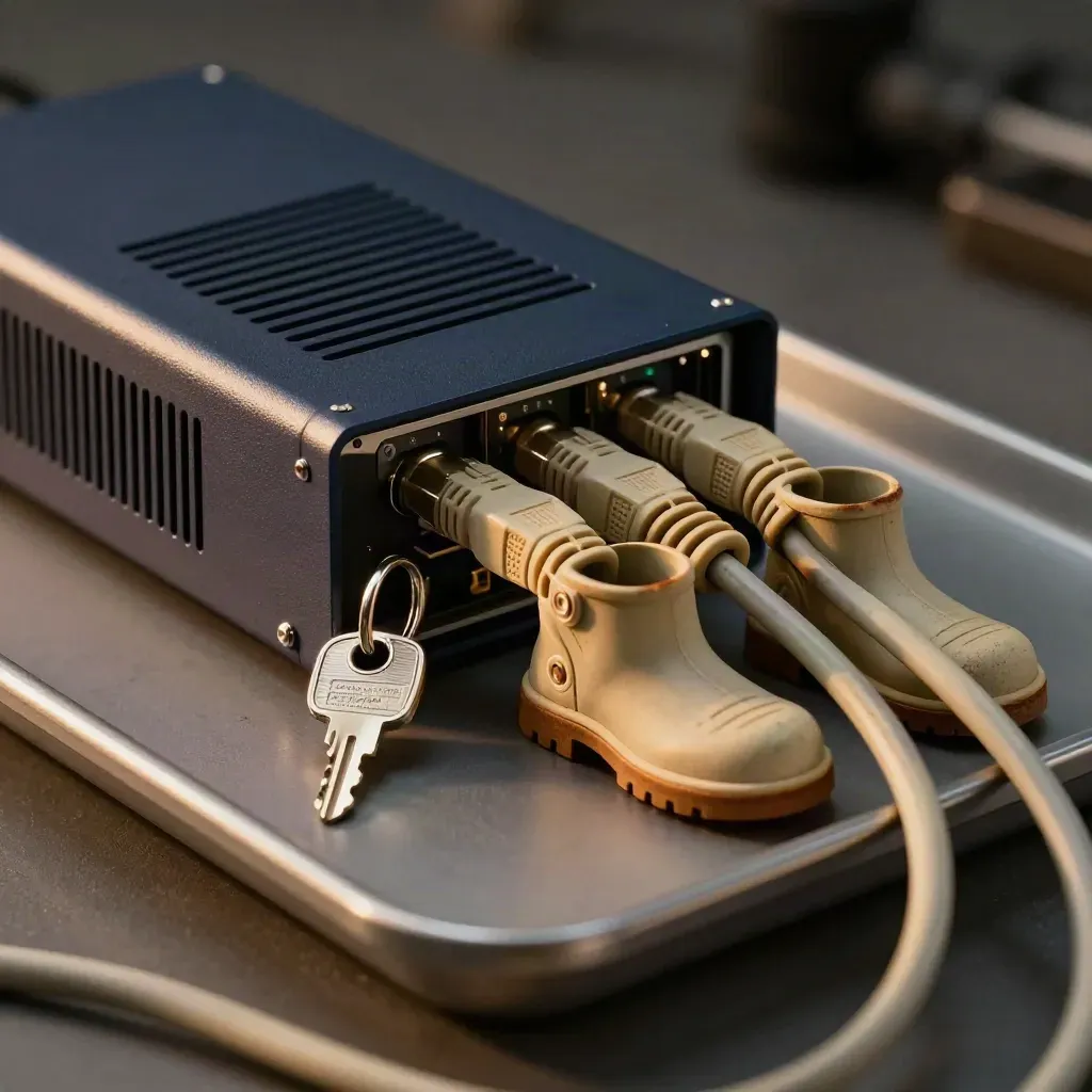 Top-down firewall appliance, metal key and cable boots on a graphite surface with dark bokeh.