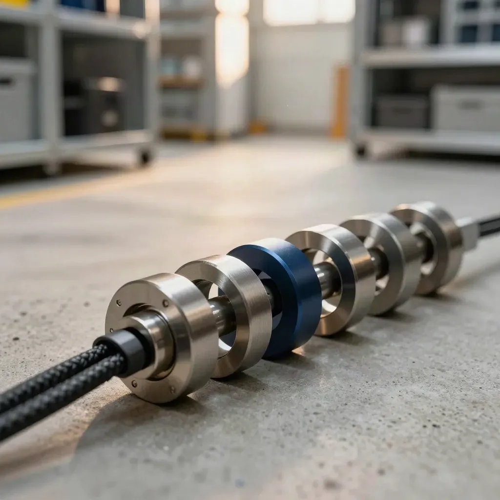Machined rings and modular blocks linked over concrete beside blurred network racks.