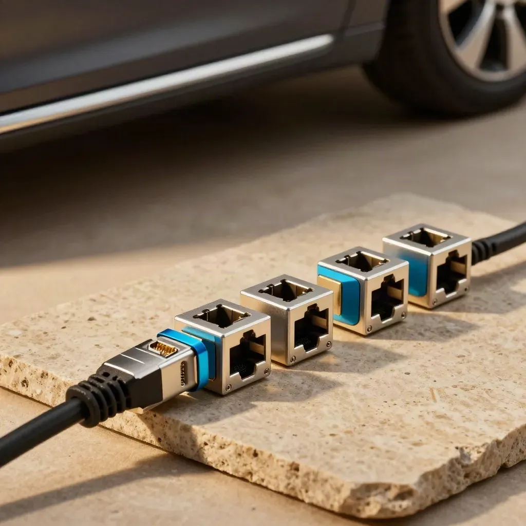 Precision network connectors and stepped metal blocks on limestone, lit dramatically.