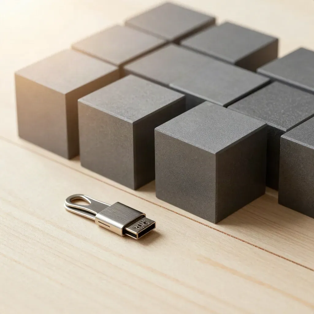 Matte graphite cubes, metal clip and bridge connector on pale wood, shot overhead in soft studio light.