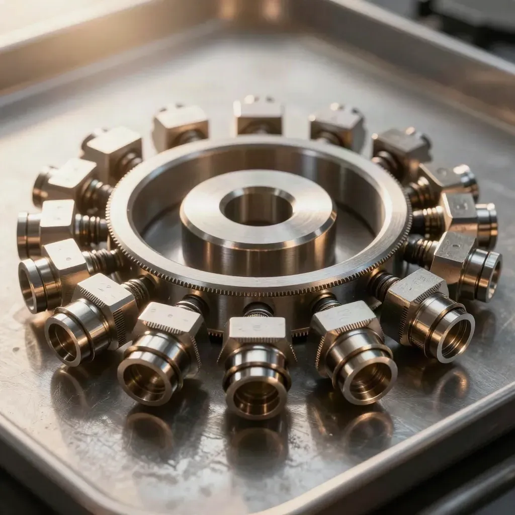 Macro of precision network connector rings and coupling disc on brushed metal.