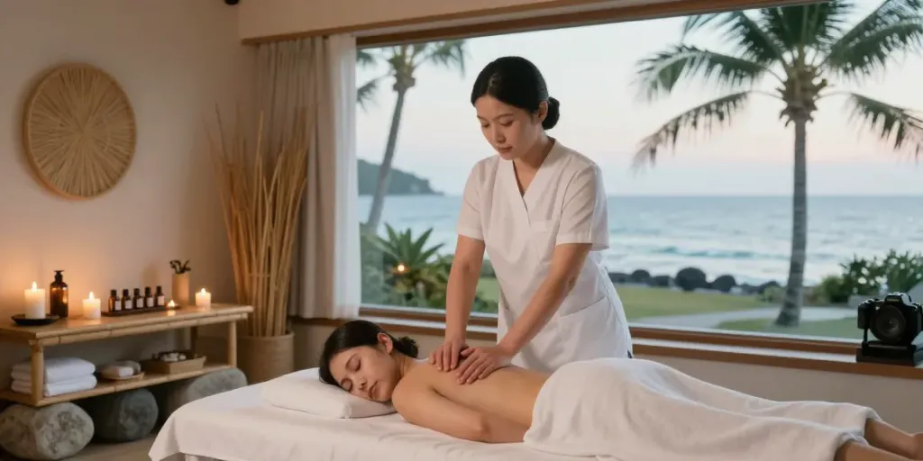 Relaxing 영종도출장마사지 scene in a serene coastal spa setting with ocean view.